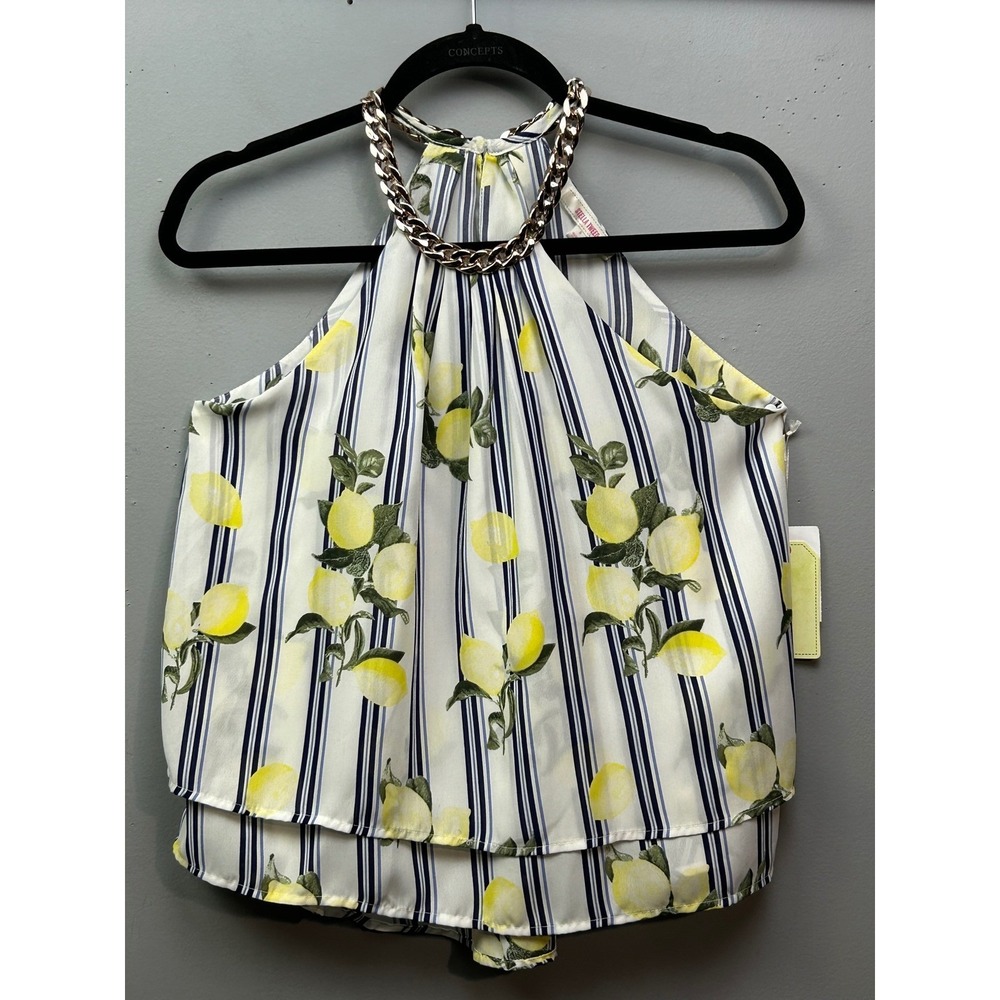 Stella Tweed Top Womens Small White Lemon Stripe Gold Chain Halter Blouse Layer